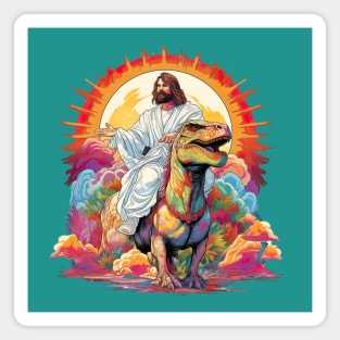 Jesus on a Dinosaur Colorful Retro Funny Rainbow Print Magnet